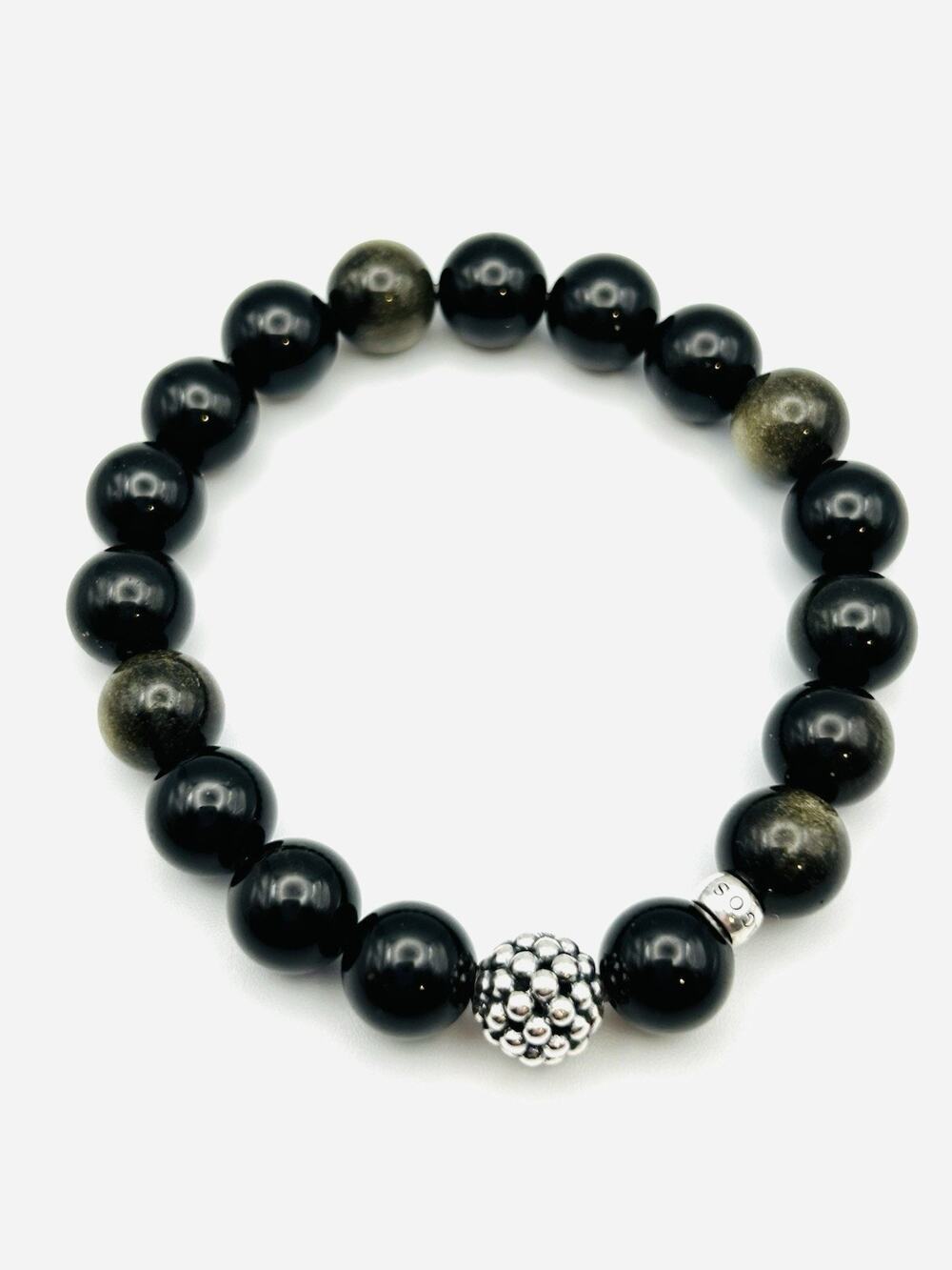 Lagos Caviar Maya Golden Blk Obsidian Silver Station Beaded Stretch Bracelet Med